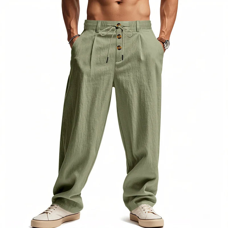 Men's Cotton Linen Blend Drawstring Pants – Loose Straight-Leg Casual Fit