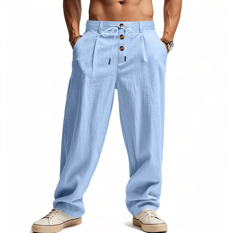 Men's Cotton Linen Blend Drawstring Pants – Loose Straight-Leg Casual Fit