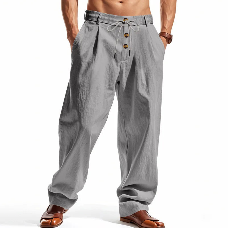 Men's Cotton Linen Blend Drawstring Pants – Loose Straight-Leg Casual Fit