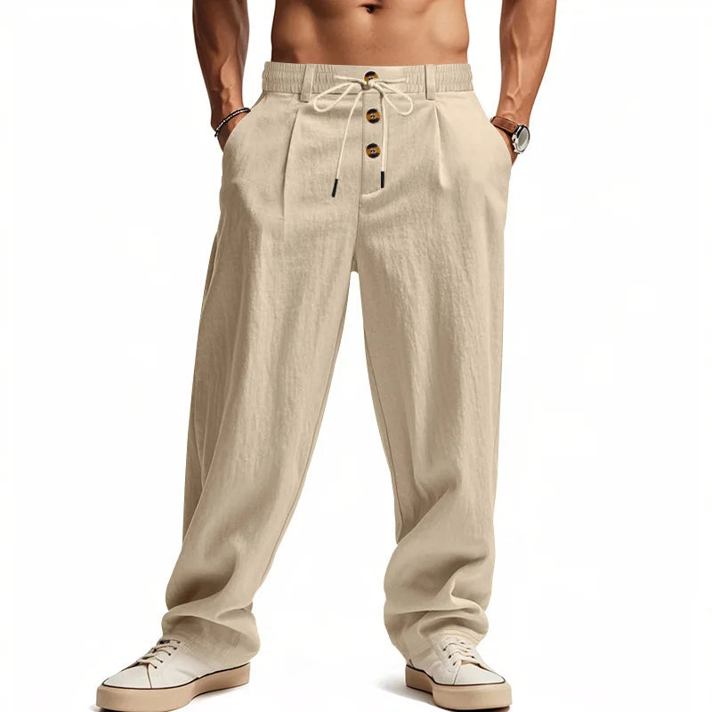 Men's Cotton Linen Blend Drawstring Pants – Loose Straight-Leg Casual Fit