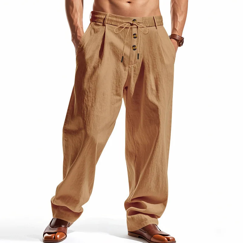 Men's Cotton Linen Blend Drawstring Pants – Loose Straight-Leg Casual Fit