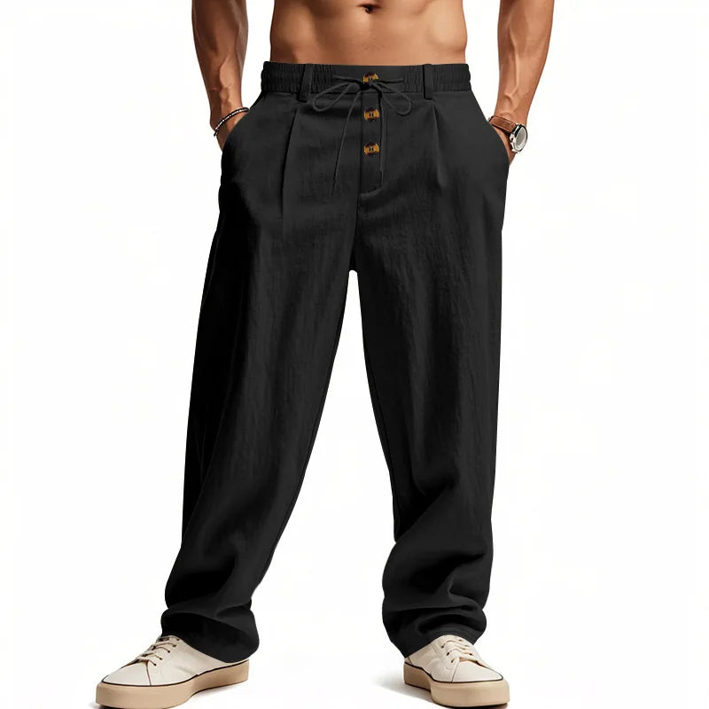 Men's Cotton Linen Blend Drawstring Pants – Loose Straight-Leg Casual Fit