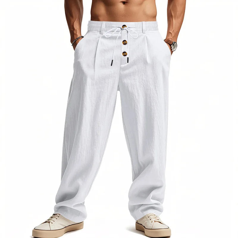 Men's Cotton Linen Blend Drawstring Pants – Loose Straight-Leg Casual Fit