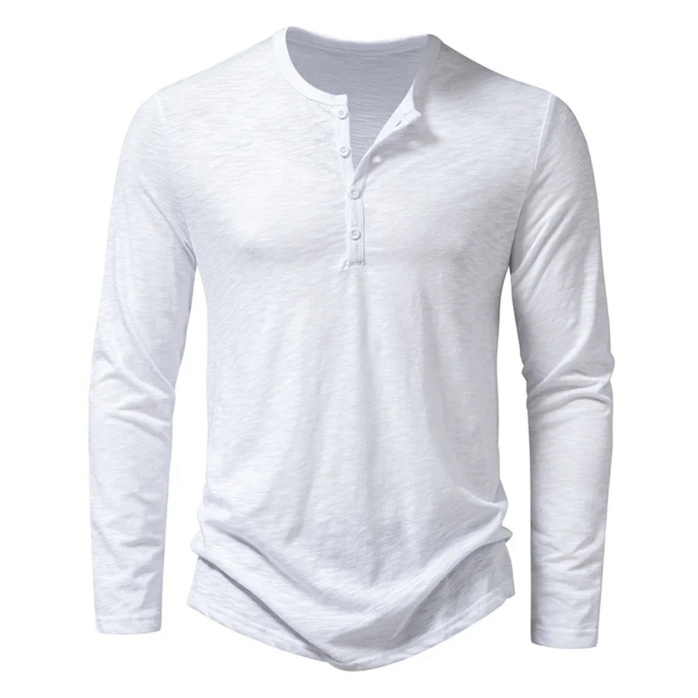Men's Cotton Button Henley Neck – Long Sleeve Casual Shirt in White by Urban Tendency
