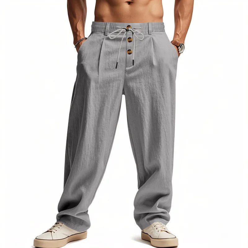 Men's Cotton Linen Blend Drawstring Pants – Loose Straight-Leg Casual Fit