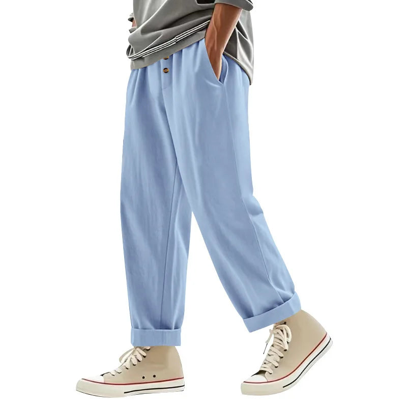 Men's Cotton Linen Blend Drawstring Pants – Loose Straight-Leg Casual Fit
