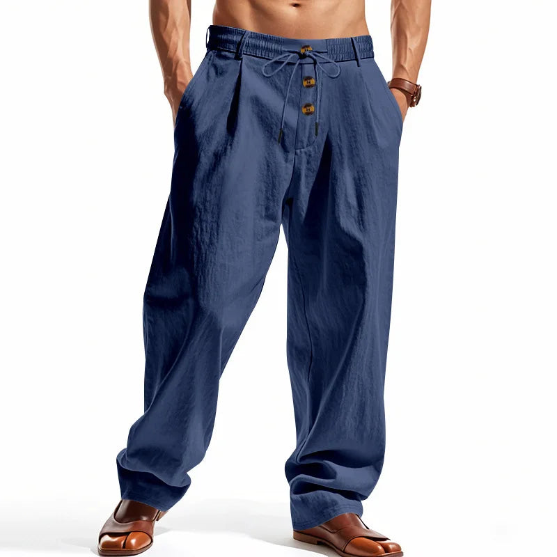 Men's Cotton Linen Blend Drawstring Pants – Loose Straight-Leg Casual Fit