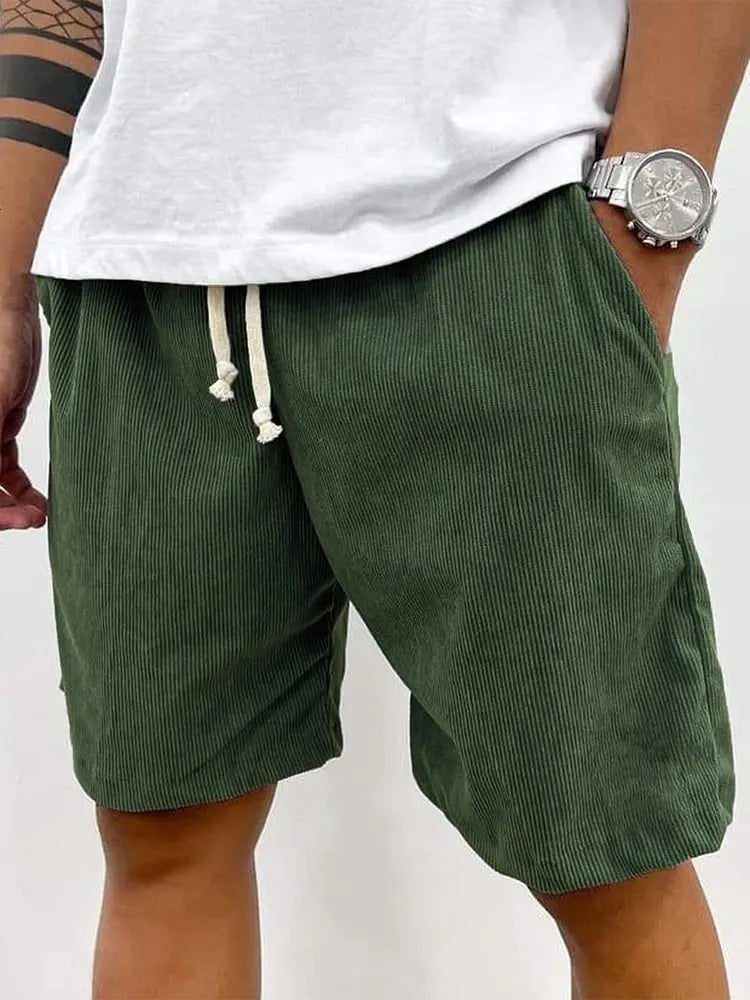Men’s Casual Corduroy Shorts with Drawstring Waist in Army Green by Urban Tendency