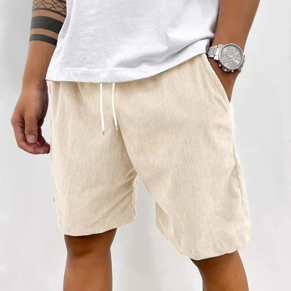 Men’s Casual Corduroy Shorts with Drawstring Waist in Beige by Urban Tendency