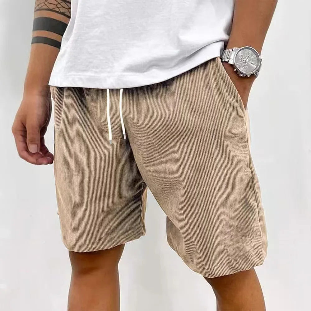 Men’s Casual Corduroy Shorts with Drawstring Waist in Khaki by Urban Tendency