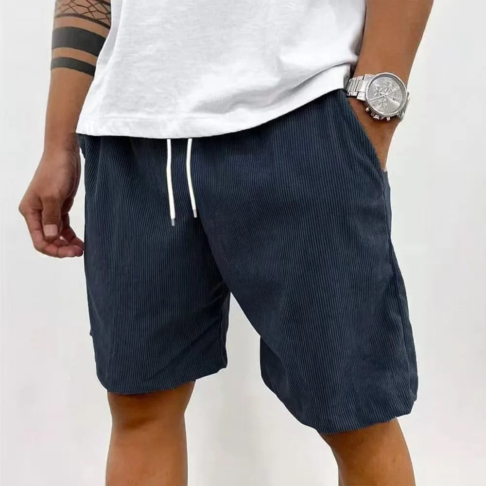 Men’s Casual Corduroy Shorts with Drawstring Waist in Navy Blue by Urban Tendency