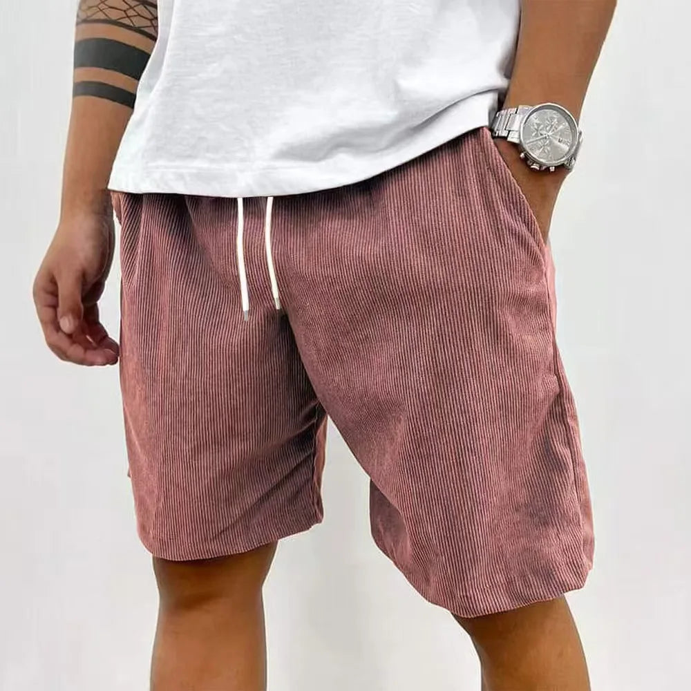 Men’s Casual Corduroy Shorts with Drawstring Waist in Pink by Urban Tendency
