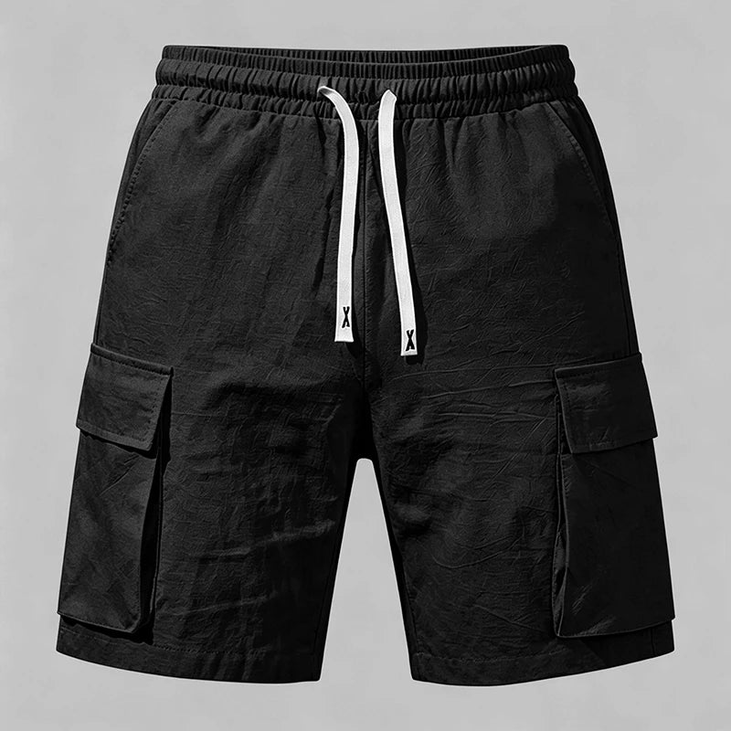 Men's Casual Linen Blend Cargo Shorts – Adjustable Drawstring Waist in Black by Urban Tendency