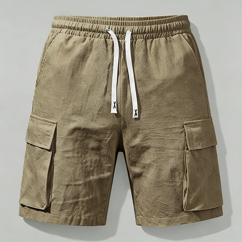 Men's Casual Linen Blend Cargo Shorts – Adjustable Drawstring Waist in Khaki by Urban Tendency