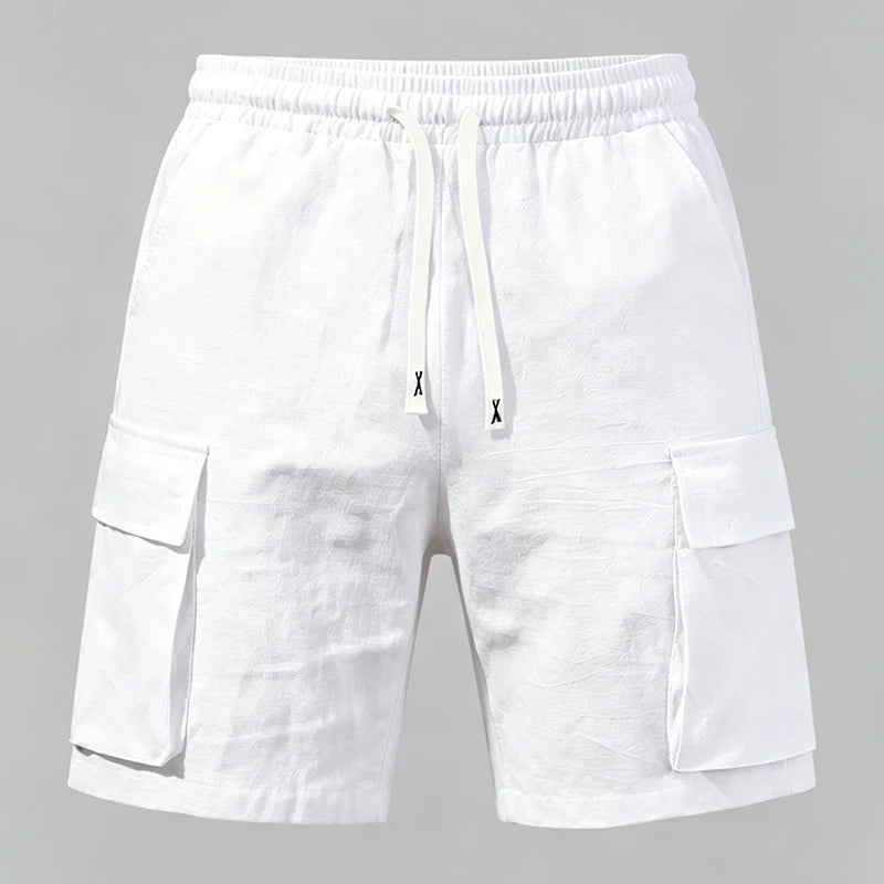 Men's Casual Linen Blend Cargo Shorts – Adjustable Drawstring Waist in White by Urban Tendency