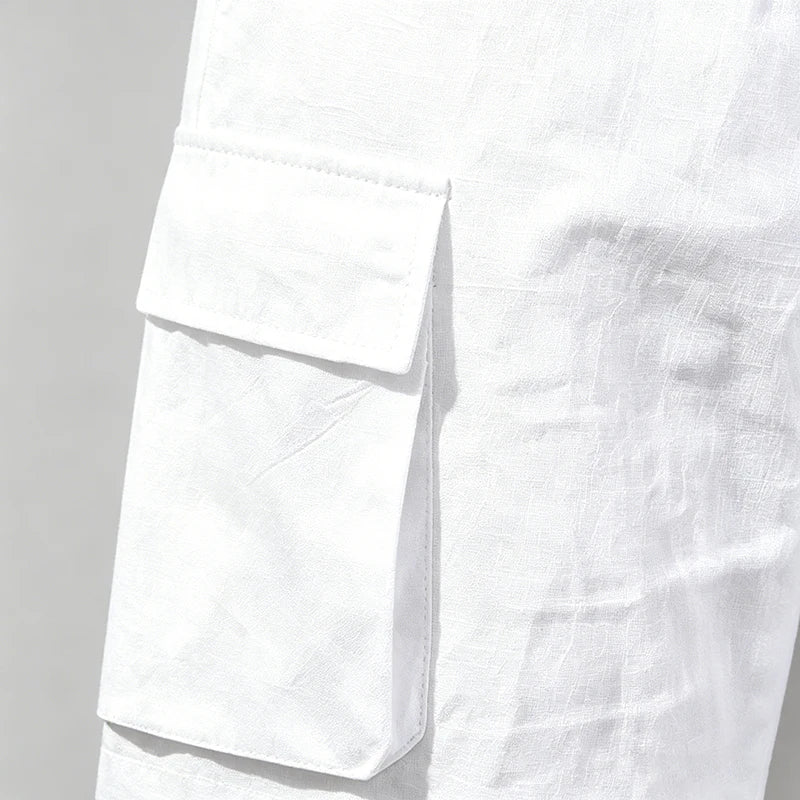 Men's Casual Linen Blend Cargo Shorts – Adjustable Drawstring Waist in White by Urban Tendency