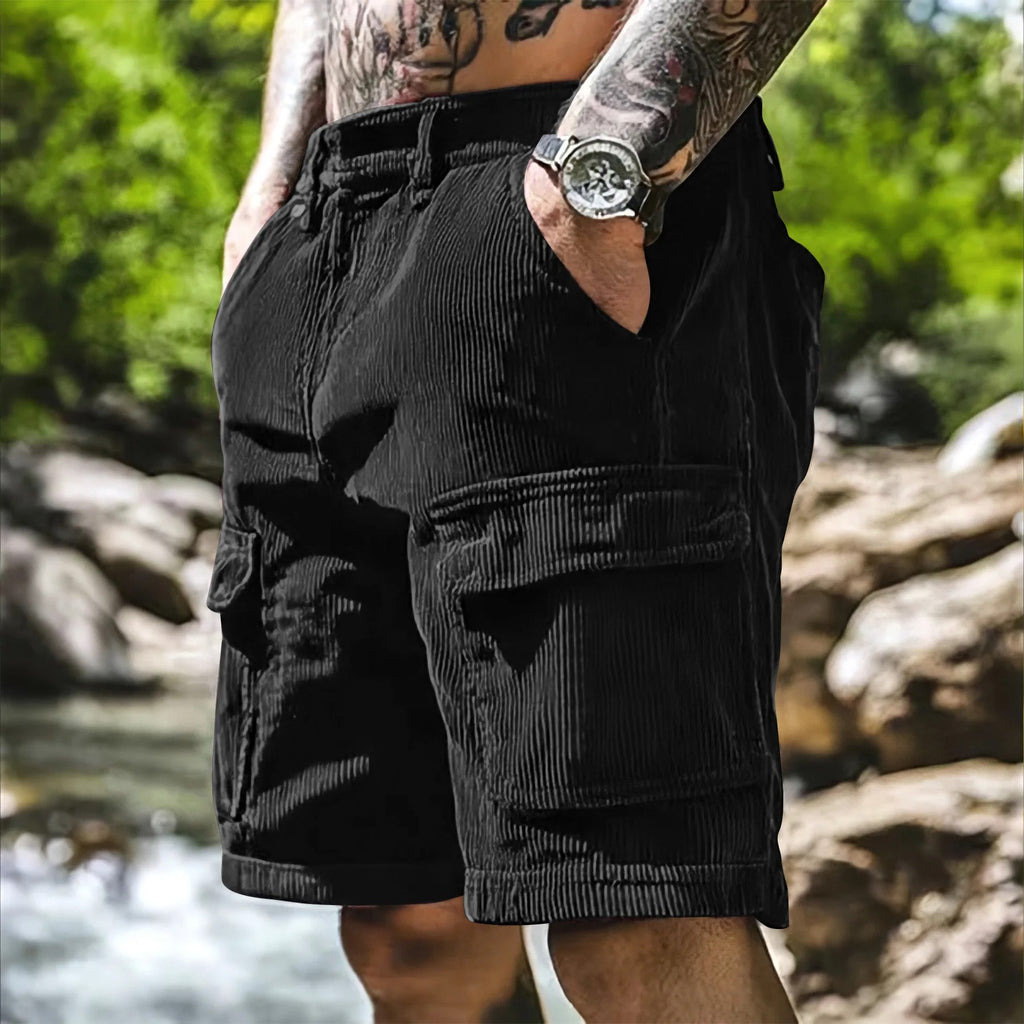 Men’s Corduroy Cargo Shorts – Relaxed Fit Casual Retro Multi Pocket in Black by Urban Tendency