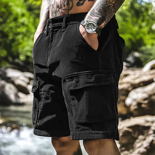 Men’s Corduroy Cargo Shorts – Relaxed Fit Casual Retro Multi Pocket in Black by Urban Tendency