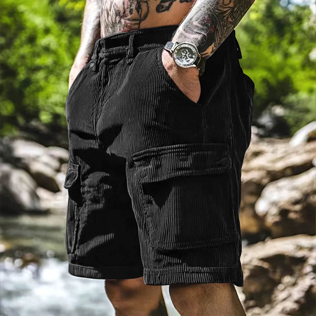 Men’s Corduroy Cargo Shorts – Relaxed Fit Casual Retro Multi Pocket in Black by Urban Tendency