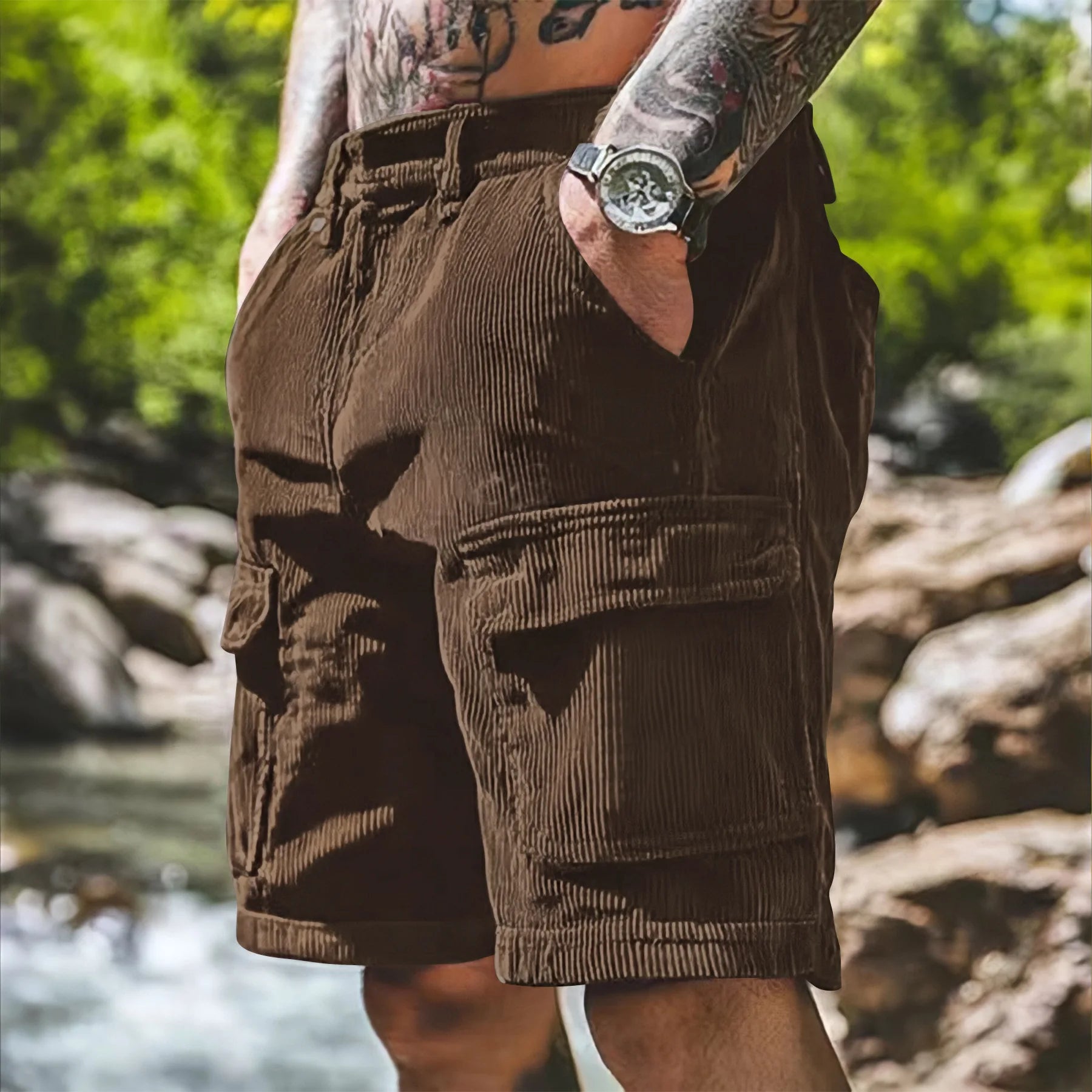 Men’s Corduroy Cargo Shorts – Relaxed Fit Casual Retro Multi Pocket in Coffee by Urban Tendency