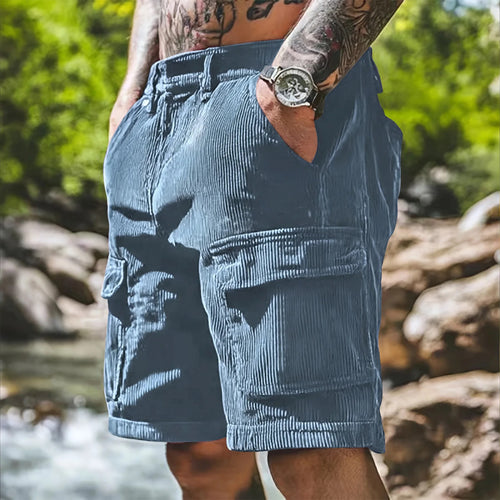 Men’s Corduroy Cargo Shorts – Relaxed Fit Casual Retro Multi Pocket in Light Blue by Urban Tendency