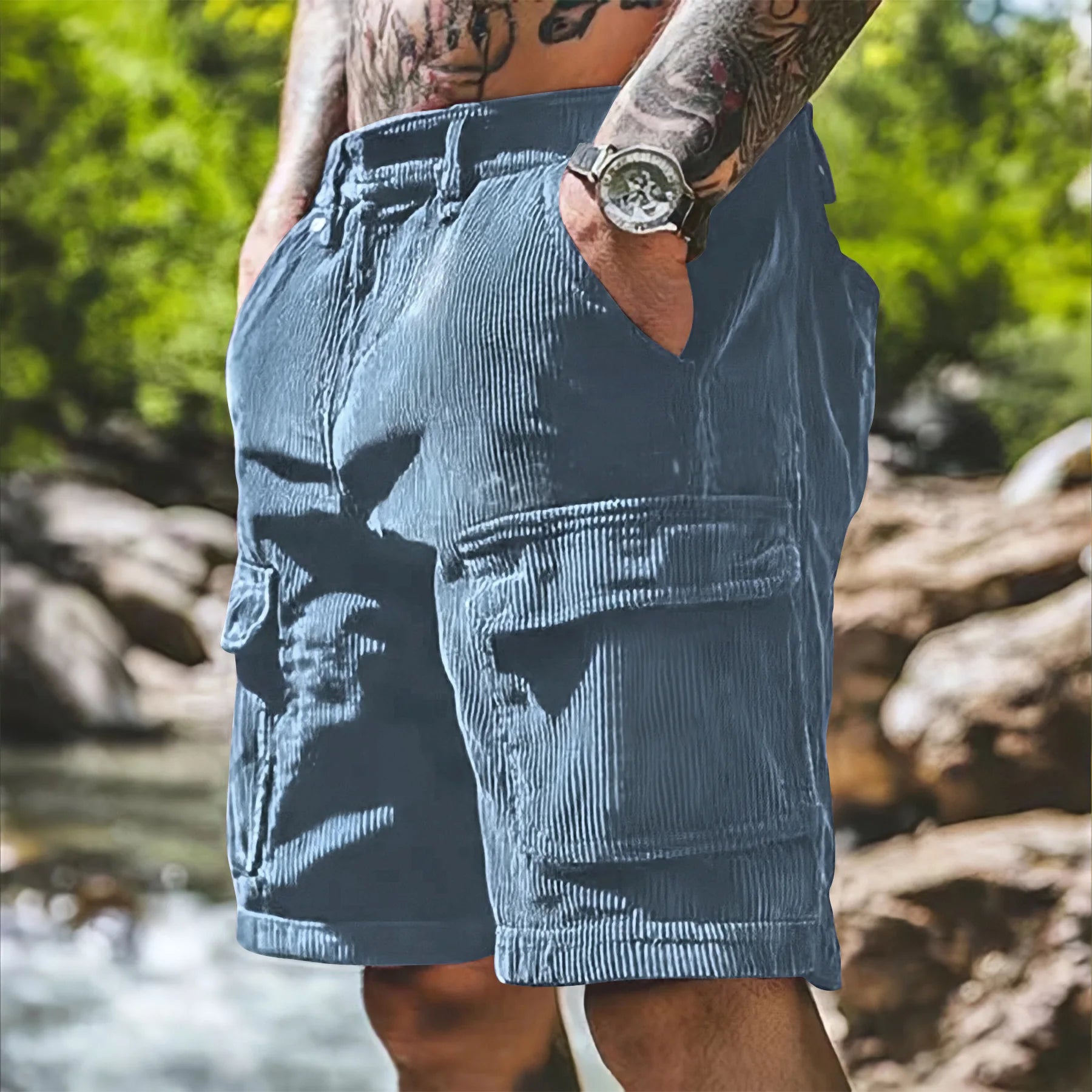 Men’s Corduroy Cargo Shorts – Relaxed Fit Casual Retro Multi Pocket in Light Blue by Urban Tendency