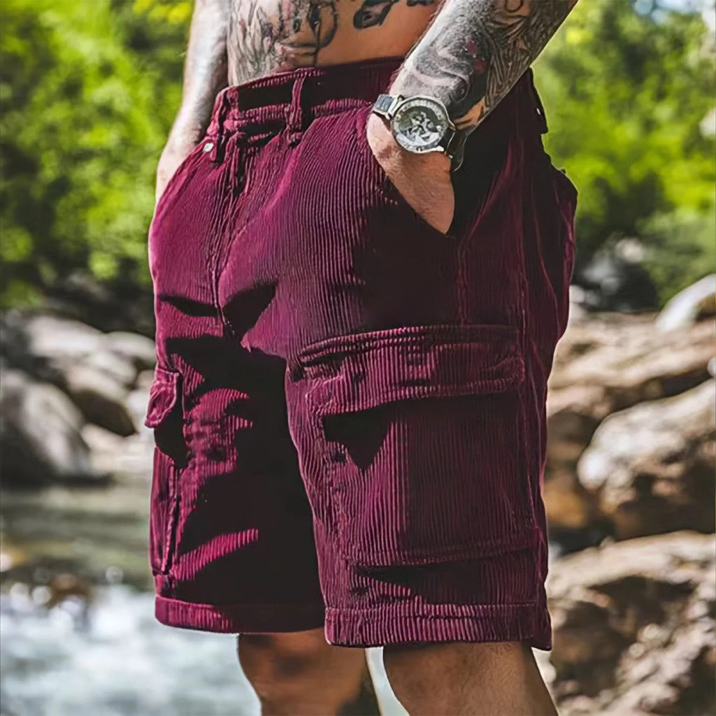 Men’s Corduroy Cargo Shorts – Relaxed Fit Casual Retro Multi Pocket in Wine Red by Urban Tendency