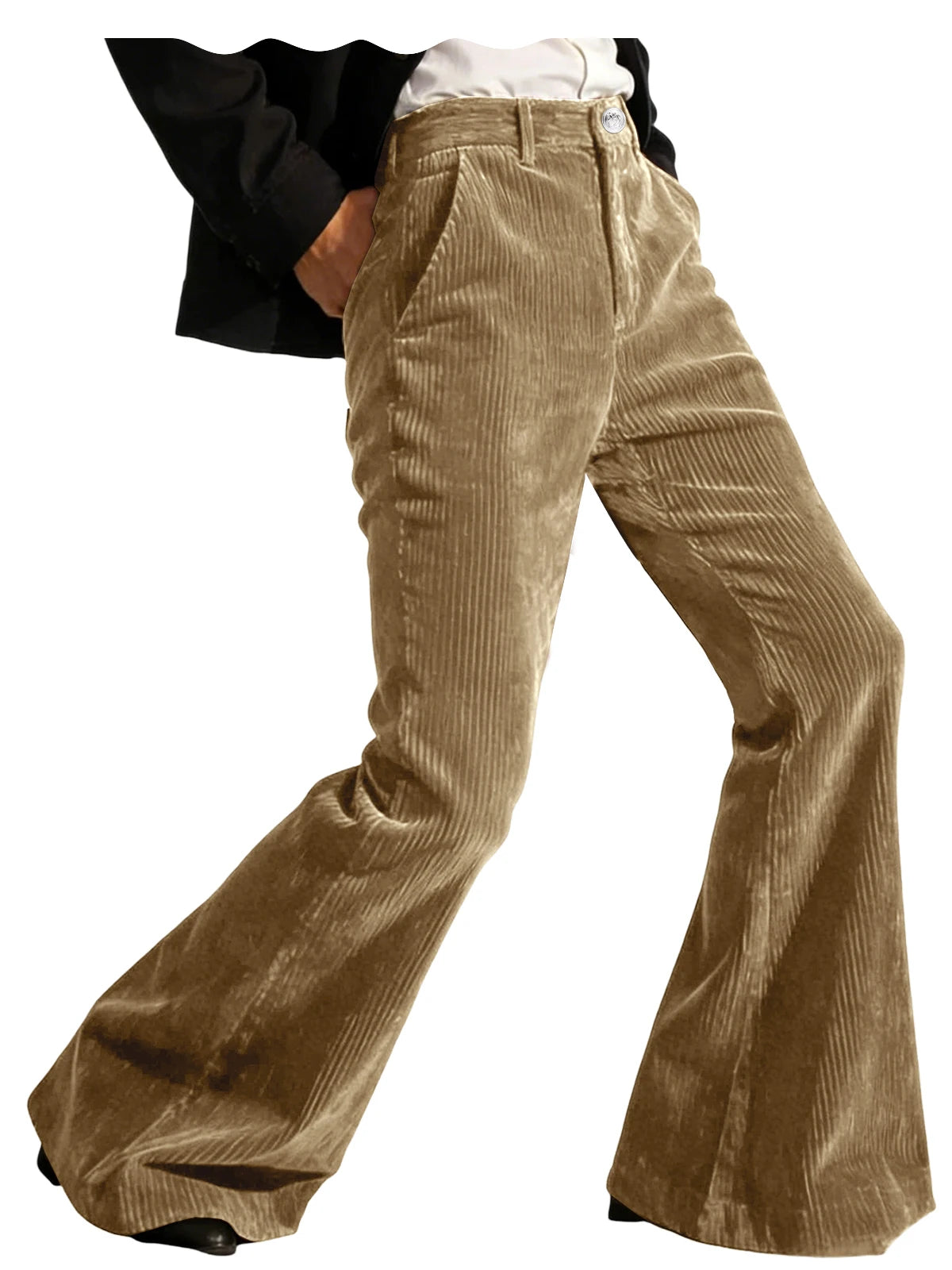Men's Corduroy Flare Pants – Retro 70s Slant Pocket Style in Khaki by Urban Tendency