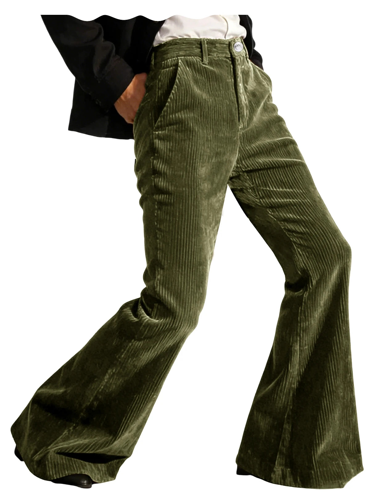 Men's Corduroy Flare Pants – Retro 70s Slant Pocket Style in Olive Green by Urban Tendency