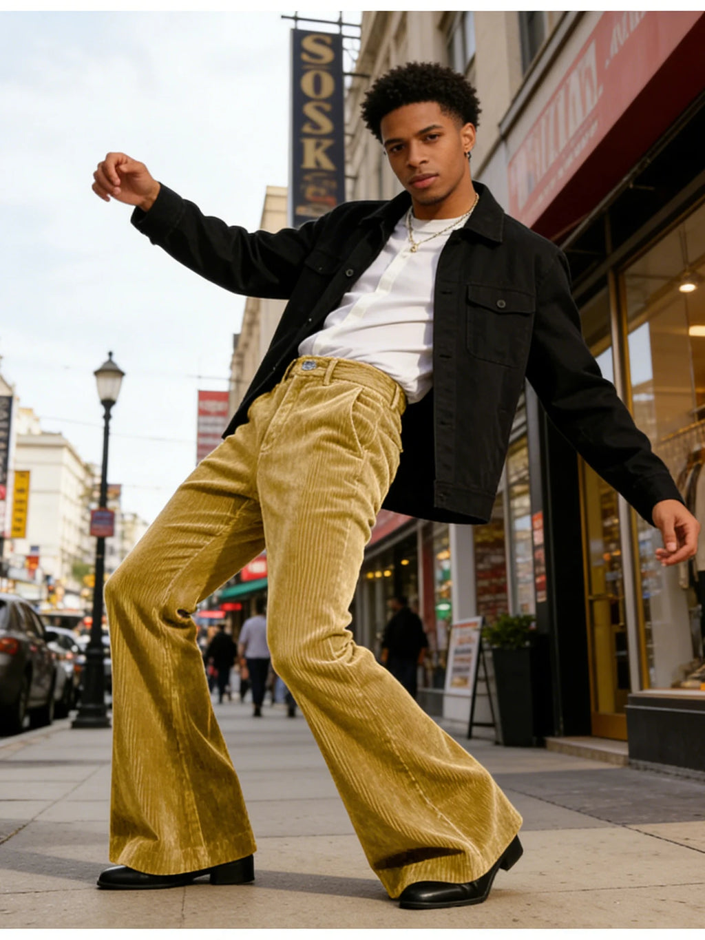 Men's Corduroy Flare Pants – Retro 70s Slant Pocket Style in Yellow Mustard by Urban Tendency