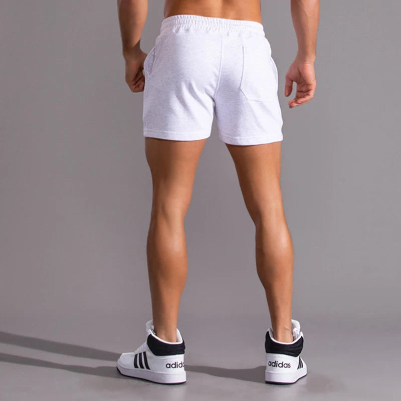 Men’s Cotton Blend Sports Shorts for Fitness with Drawstring Waist in White Gray by Urban Tendency