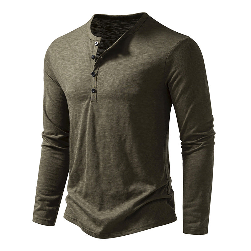 Men's Cotton Button Henley Neck – Long Sleeve Casual Shirt in Army Green by Urban Tendency