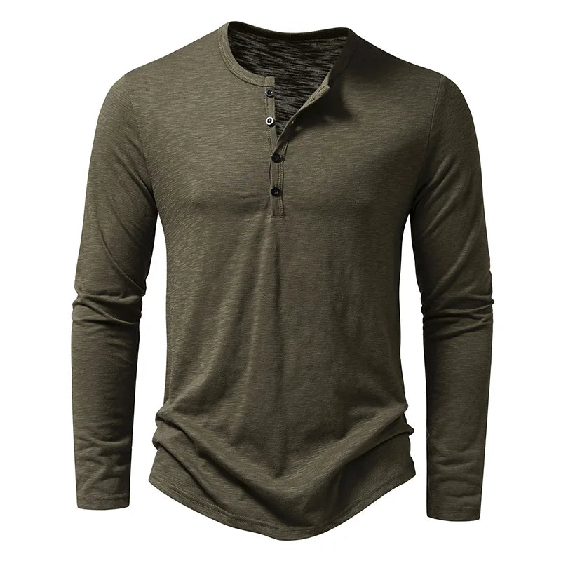 Men's Cotton Button Henley Neck – Long Sleeve Casual Shirt in Army Green by Urban Tendency