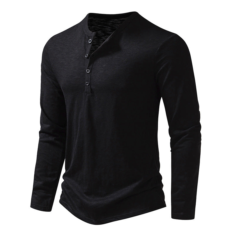 Men's Cotton Button Henley Neck – Long Sleeve Casual Shirt in Black by Urban Tendency