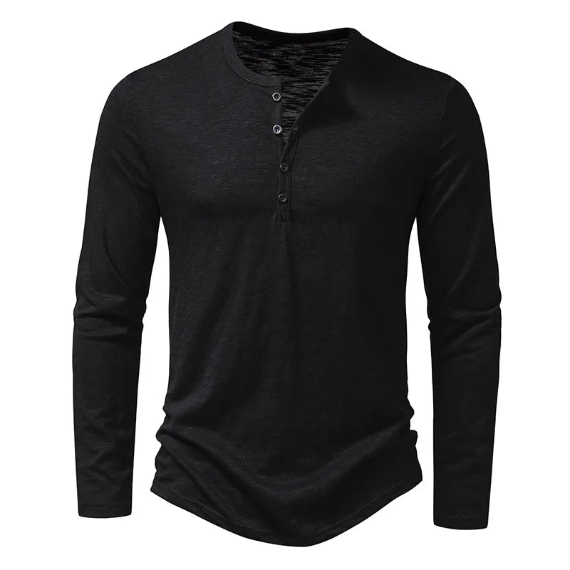 Men's Cotton Button Henley Neck – Long Sleeve Casual Shirt in Black by Urban Tendency