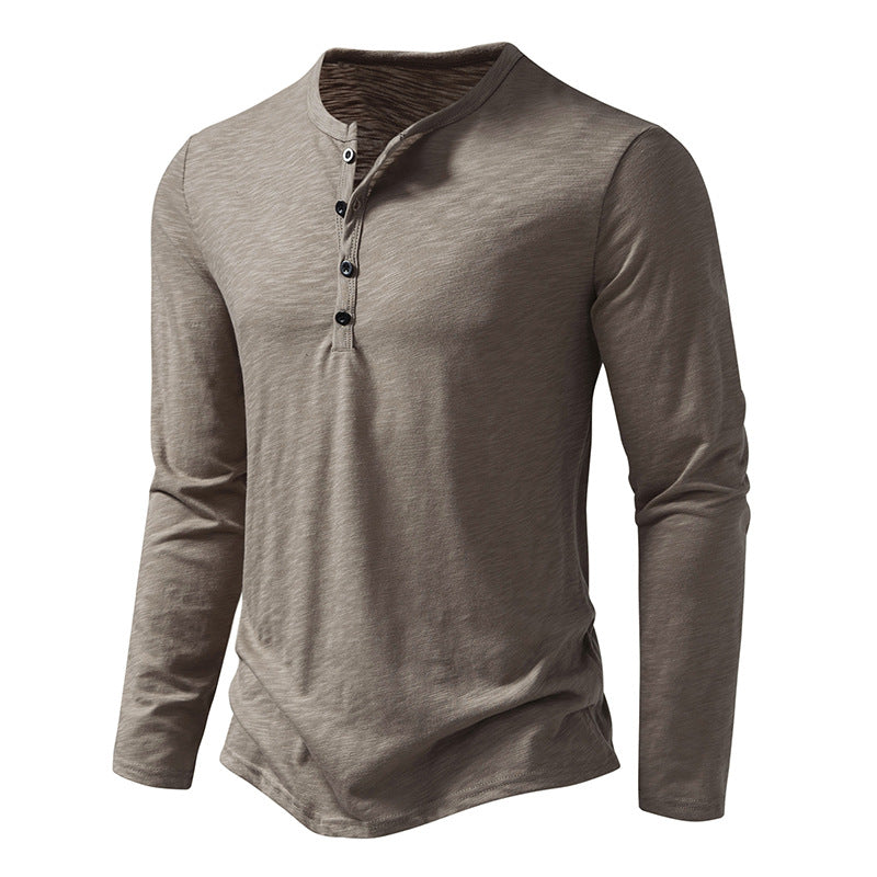 Men's Cotton Button Henley Neck – Long Sleeve Casual Shirt in Khaki by Urban Tendency