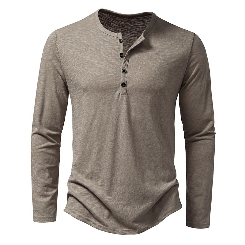 Men's Cotton Button Henley Neck – Long Sleeve Casual Shirt in Khaki by Urban Tendency