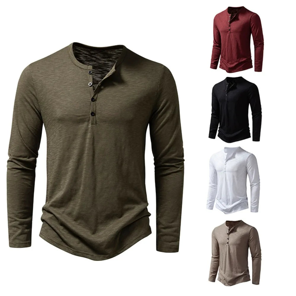 Men's Cotton Button Henley Neck – Long Sleeve Casual Shirt by Urban Tendency