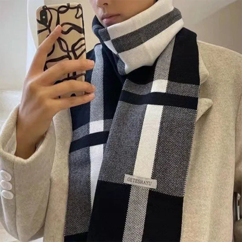 Men's Elegant Classic Long Plaid Patchwork Winter Scarf in Black & Cream by Urban Tendency