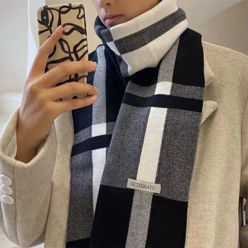Men's Elegant Classic Long Plaid Patchwork Winter Scarf in Black & Cream by Urban Tendency