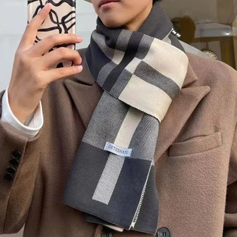 Men's Elegant Classic Long Plaid Patchwork Winter Scarf in Gray & Cream by Urban Tendency
