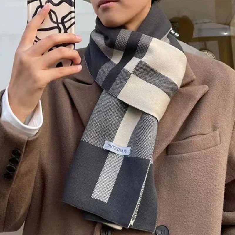 Men's Elegant Classic Long Plaid Patchwork Winter Scarf in Gray & Cream by Urban Tendency