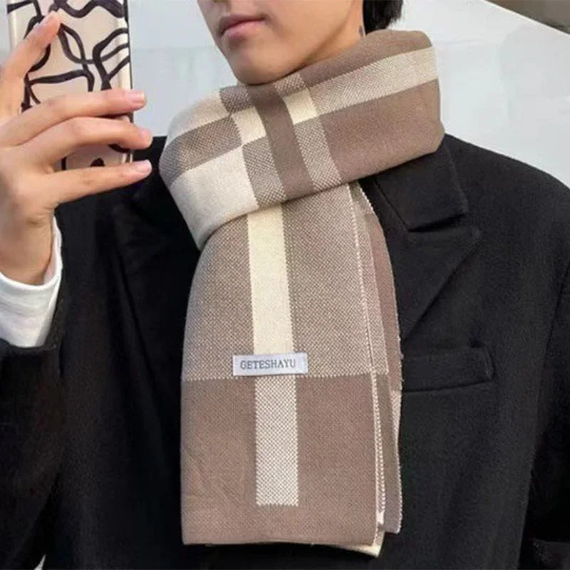 Men's Elegant Classic Long Plaid Patchwork Winter Scarf in Khaki & Cream by Urban Tendency