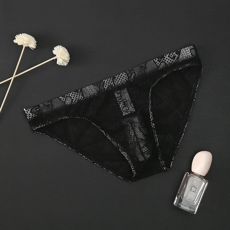 Men’s Floral Lace Low-Rise Briefs with Contoured Pouch in Black by Urban Tendency