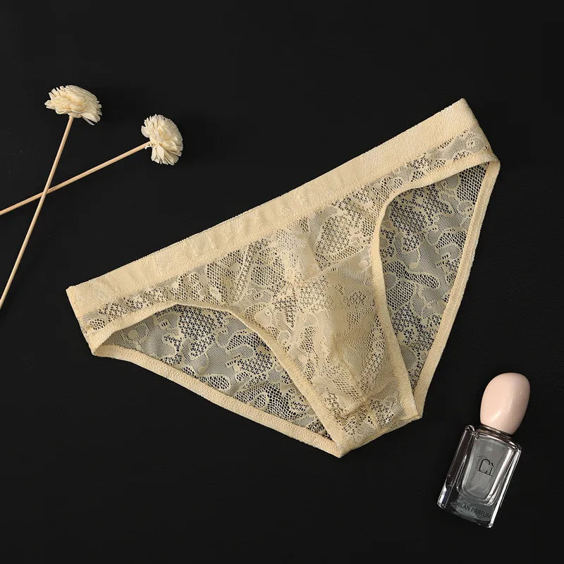 Men’s Floral Lace Low-Rise Briefs with Contoured Pouch in Khaki by Urban Tendency