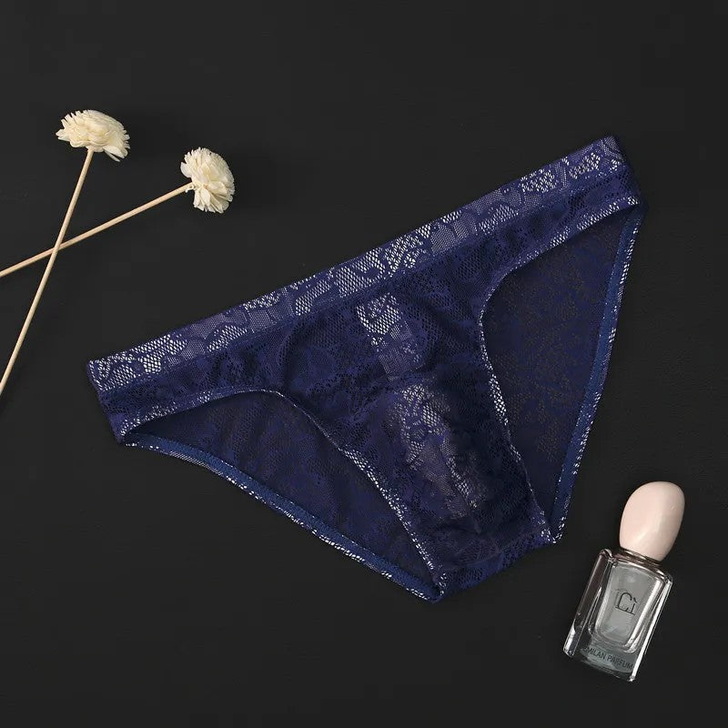 Men’s Floral Lace Low-Rise Briefs with Contoured Pouch in Navy Blue by Urban Tendency