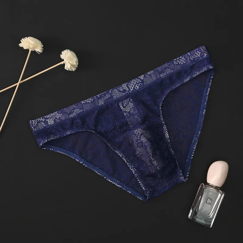 Men’s Floral Lace Low-Rise Briefs with Contoured Pouch in Navy Blue by Urban Tendency