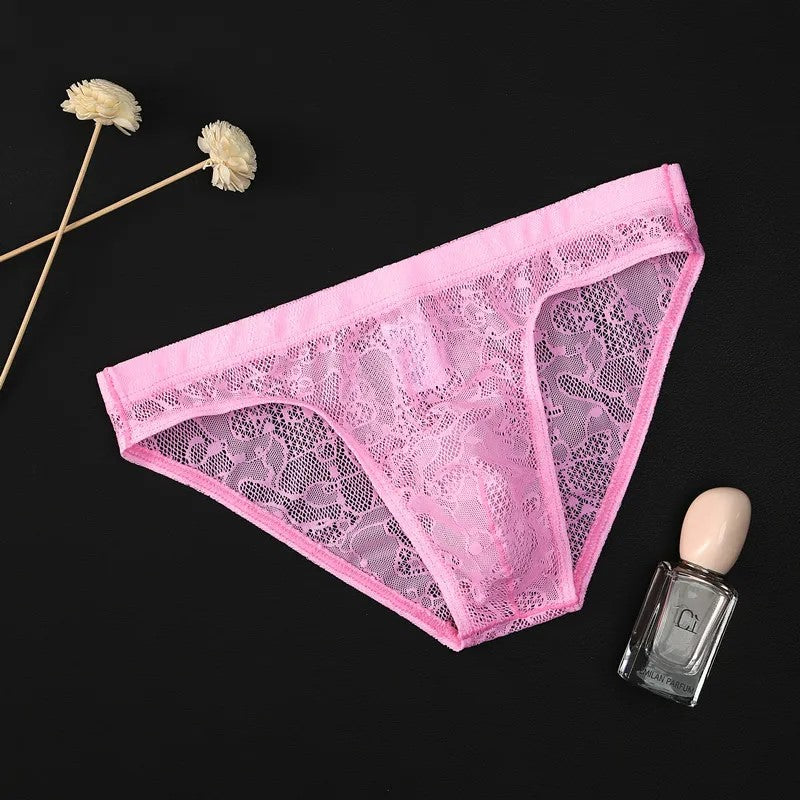 Men’s Floral Lace Low-Rise Briefs with Contoured Pouch in Pink by Urban Tendency