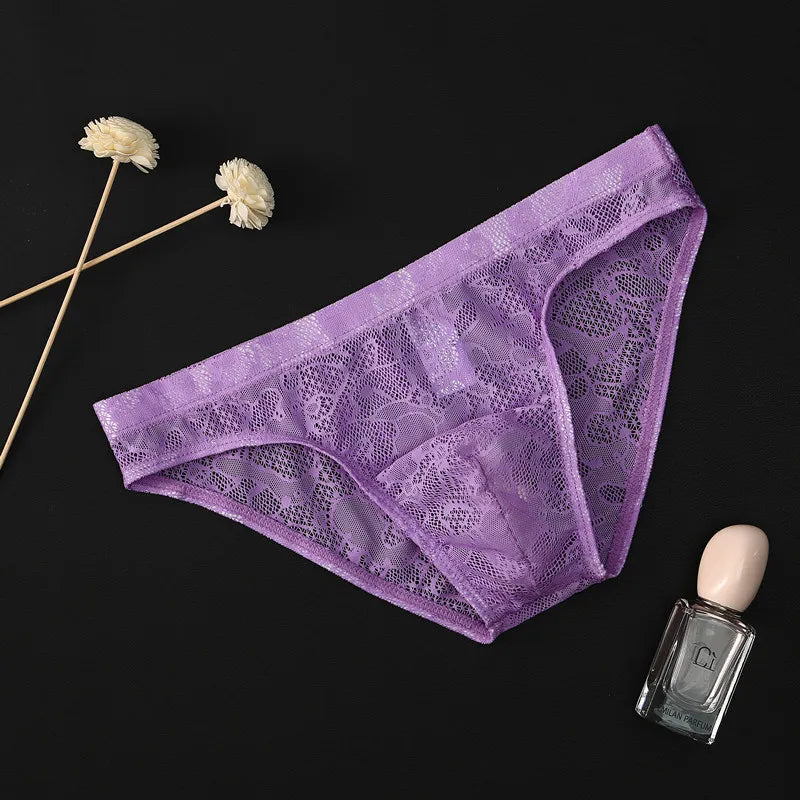 Men’s Floral Lace Low-Rise Briefs with Contoured Pouch in Purple by Urban Tendency