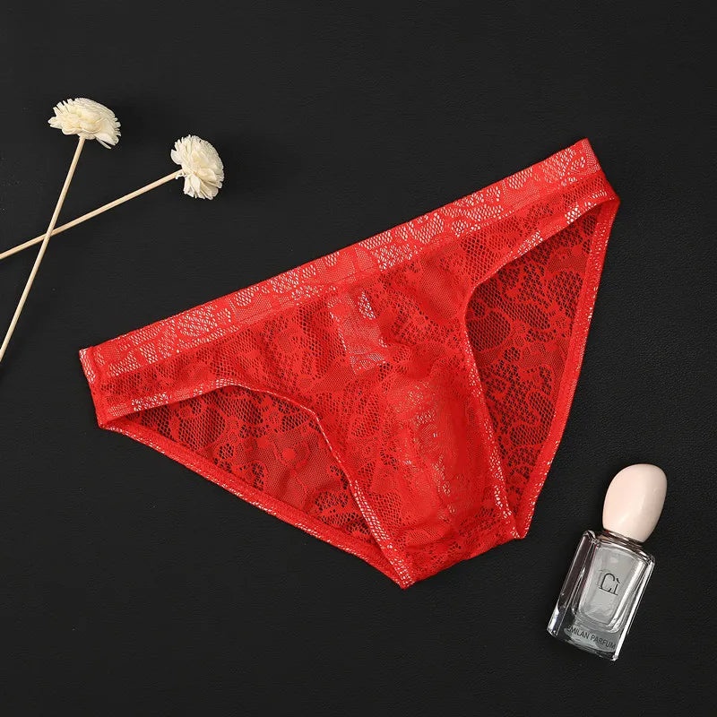 Men’s Floral Lace Low-Rise Briefs with Contoured Pouch in Red by Urban Tendency